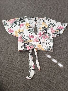 H&M White Floral Wrap Crop Top with Pink & Yellow Blooms
